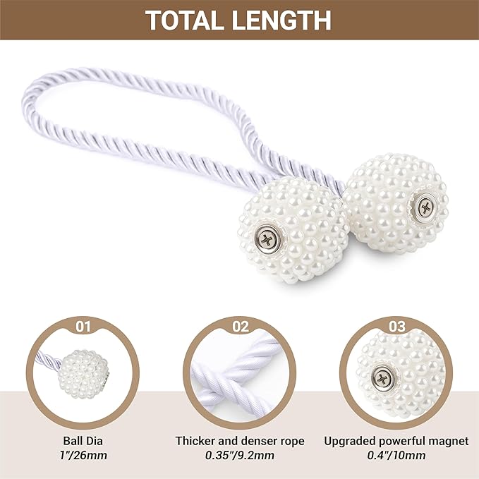 Hion Magnetic Curtain Tiebacks White 2pcs, Curtain Tiebacks Buckles Holdbacks - Image 2