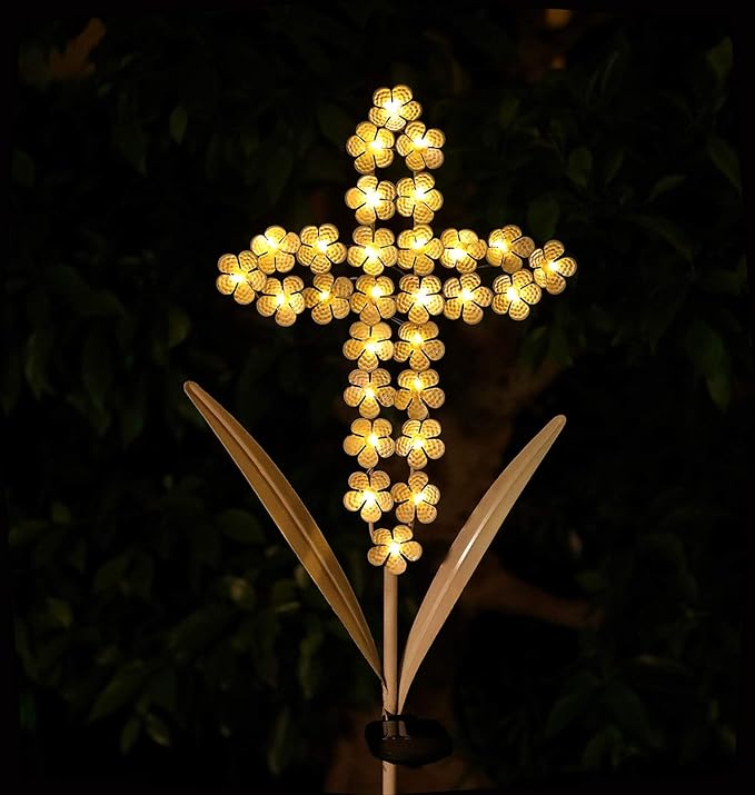 White Cross Garden Stake Solar Lights Metal Hydrangea Cross Stake Memorial Gift by WSgift