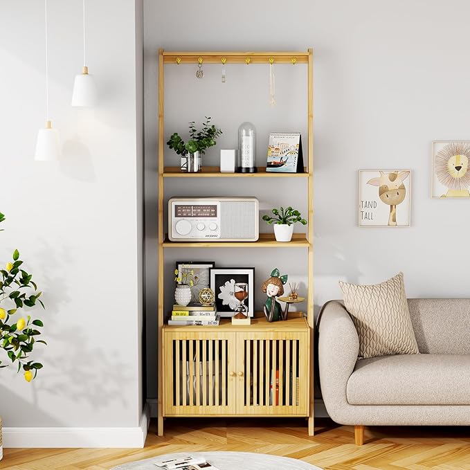 Bookcase with Drawers, 4-Tier Bamboo Bookshelf Ladder Shelf with 6 Hooks - Image 5