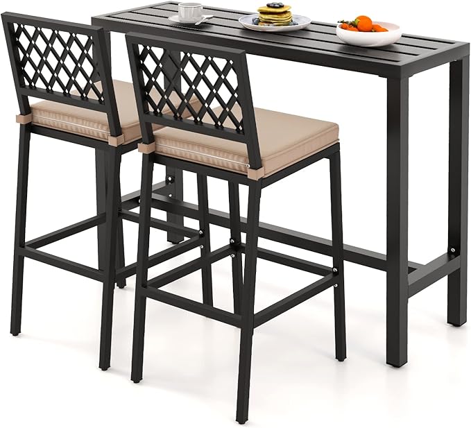 COSTWAY 3 Piece Outdoor Bar Table and Chairs Set, Metal Patio Bar Table Set by COSTWAY