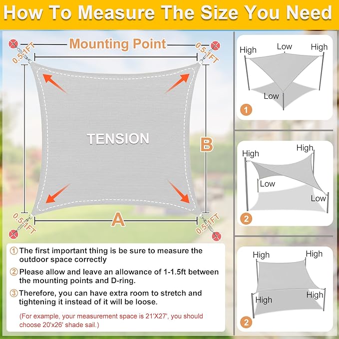 KANAGAWA Sun Shade Sail 20'x20' Grey Rectangle UV Block Canopy Awning Shelter - Image 2
