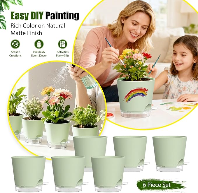 Plant Pots 6 Inch Self Watering Pots, 6 Pack Plastic Planters - Image 6