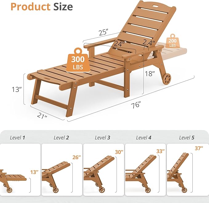 LUE BONA Outdoor Chaise Lounge Chairs Set of 4, HDPS Chaise Lounger, 5 - Image 3