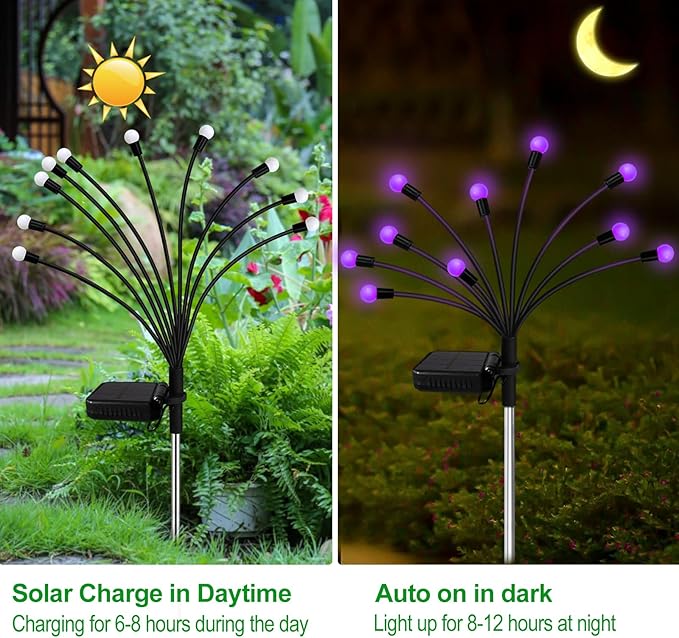 Kohlrabi Solar Garden Lights Outdoor, 4 Pack 40 LED Solar Purple Firefly Lights - Image 3
