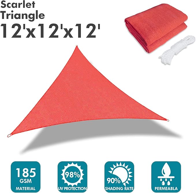KANAGAWA Sun Shade Sail 12'x12'x12' Scarlet Triangle UV Block Canopy Awning - Image 2