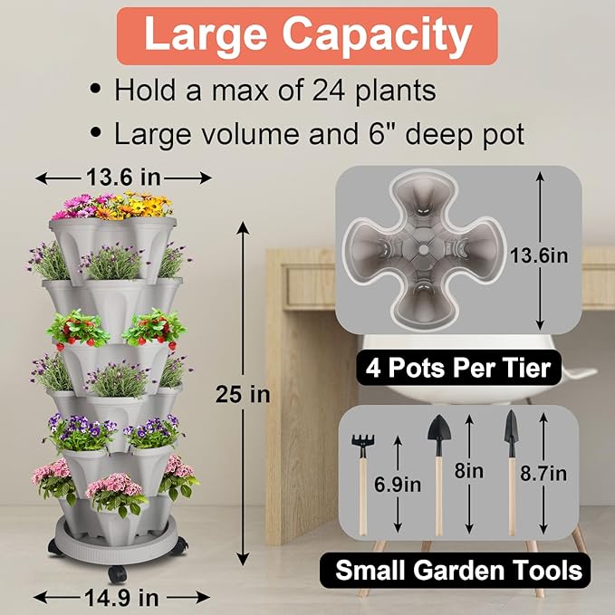 GameXcel Vertical Planter 6 Tier Stackable Planters Garden Planters Strawberry - Image 4