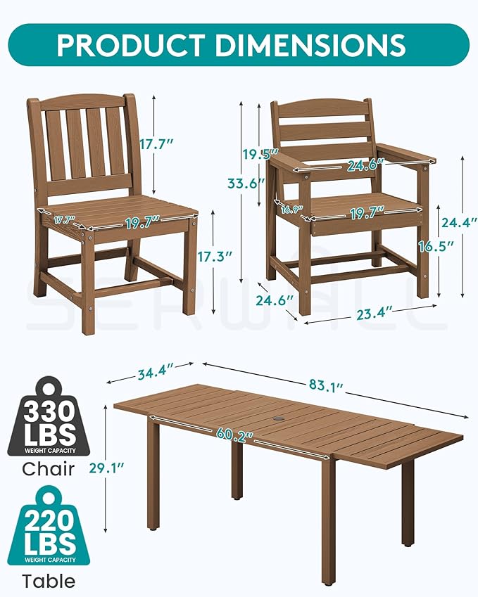 SERWALL 9-Piece Outdoor Dining Set, All Weather HDPE Outdoor Furniture Set - Image 3