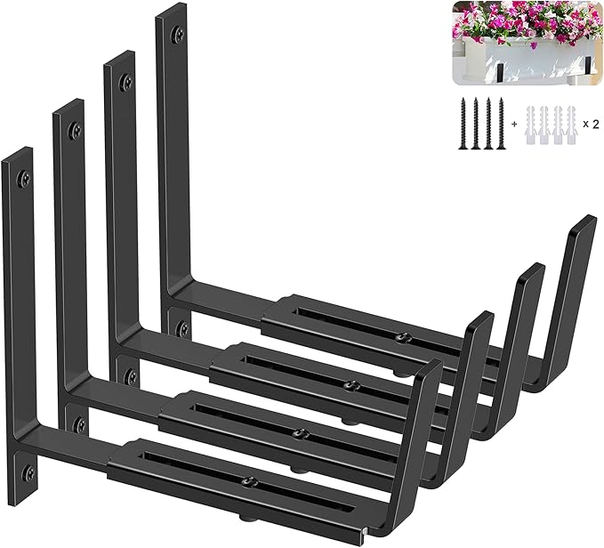 Y&M Adjustable Planter Brackets, Heavy Duty Iron Window Box Mounting Hooks by YM