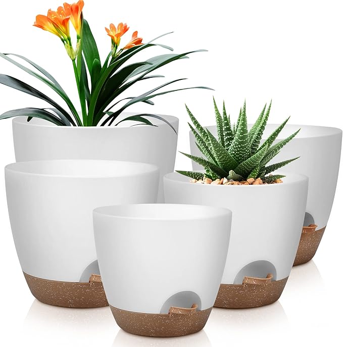 Plant Pots 10/9/8/7.5/7 Inch Self Watering Pots, Plastic Flower Pots, Nursery by QRRICA