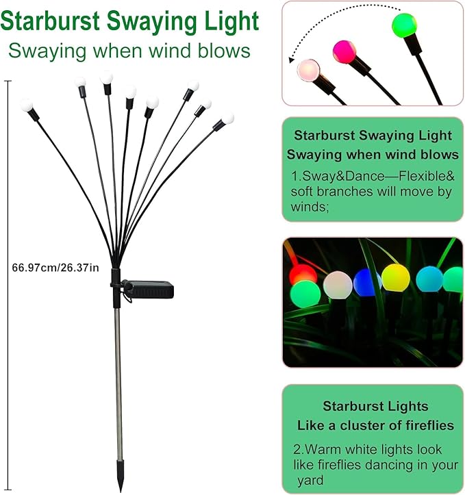 Solar Garden Lights Outdoor, 2 Pack 20 LED Solar Firefly Lights Waterproof - Image 2