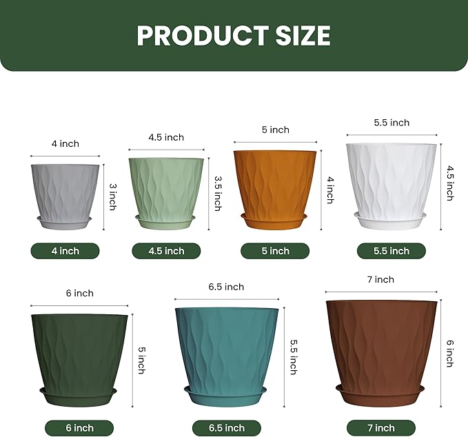 7/6.5/6/5.5/5/4.5/4 inch Plastic Plant Pots, 7 Pack Flower Planter - Image 2
