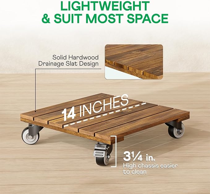 Idzo 2-Pack 12 Inch Acacia Wood Rolling Square Plant Caddy - Image 6