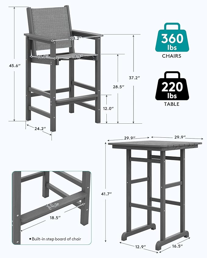 SERWALL 3 Pieces Textilene Adirondack Bar Set, Tall Adirondack Bar Height Chairs - Image 3