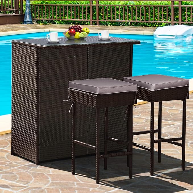 Tangkula Patio Bar Set, 3 Piece Outdoor Rattan Wicker Bar Set - Image 2