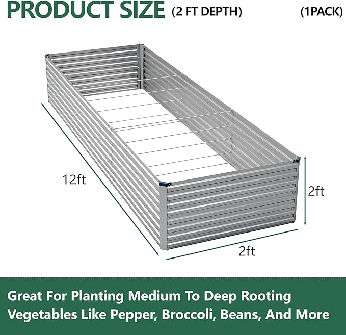 Vengarus 12x2x2FT Galvanized Raised Garden Bed Kit, Large Rectangle Elevated - Image 2
