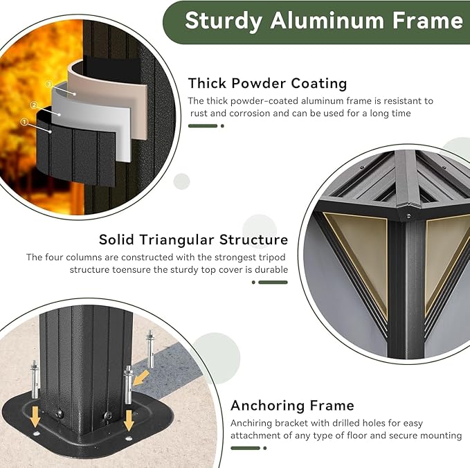 Aoxun Hardtop Gazebo 10x10, Aluminum Frame Canopy - Image 6
