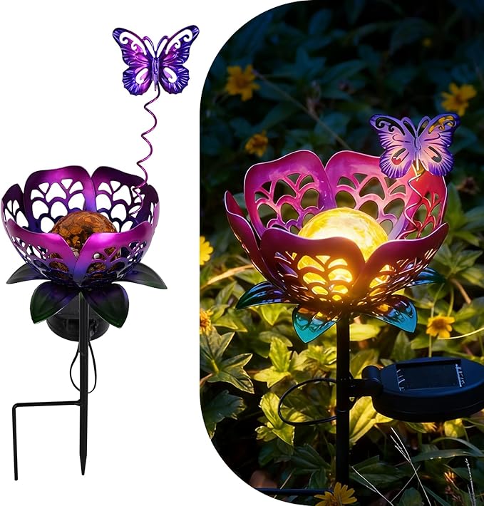 Solar Lights Outdoor Garden Decor, LED Lotus Flower Lamp, Metal Tulip & - Image 2