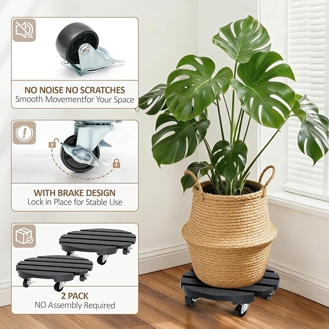 2 Pack Plant Stand with Wheels, Plant Caddies with 360° Lockable Smooth Sliding - Image 3