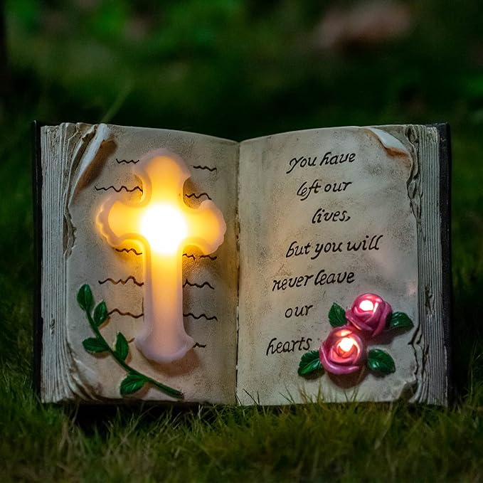 Outdoor Solar Memorial Cross Stakes Lights, Waterproof Book Statue Grave - Image 2