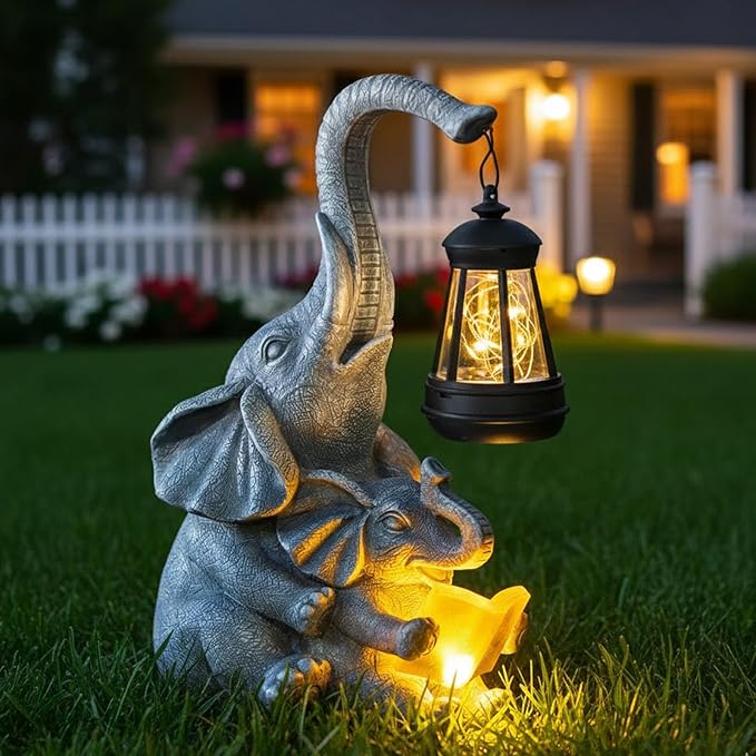 Solar Garden Statue Lights Loving Elephants Figurine by Candieslife