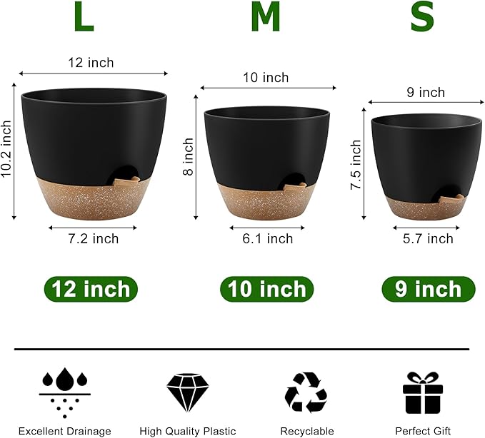 Plant Pots 12/10/9 Inch Self Watering Pots, Plastic Flower Pots, Nursery - Image 3