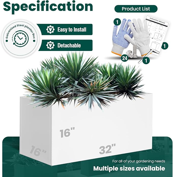 White Steel Planter Rectangular Outdoor Indoor Planter Box Galvanized Steel - Image 2