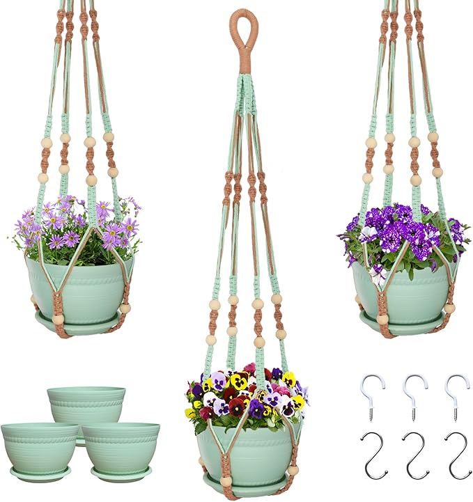 Macrame Plant Hanger with Pot, 3 Set Hanging Planters by Checrxy