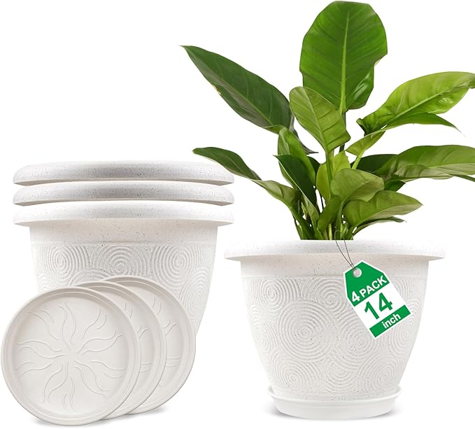 Plastic Flower Pots Planters For Indoor Plants, 4 Pack 14 Inch White Plant Pots by Fodetyff