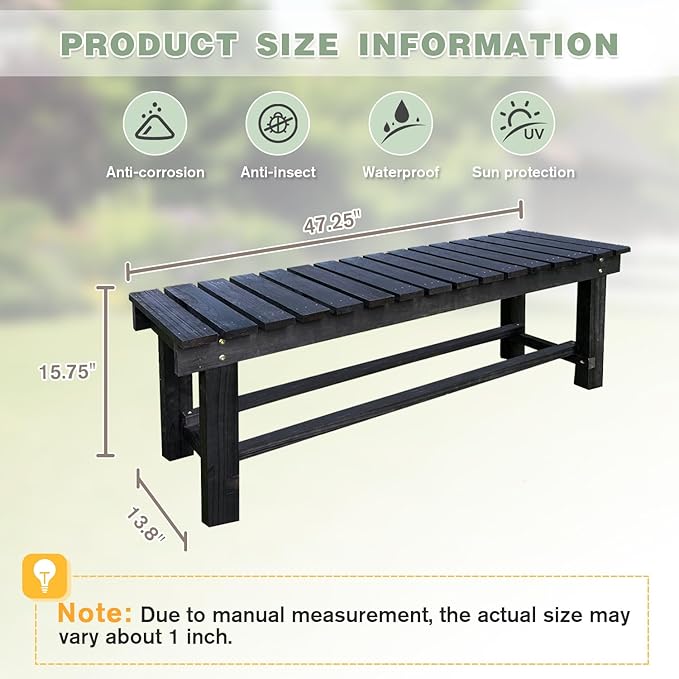 Outdoor Garden Bench, 3-Person Wood Patio Bench Weatherproof Outdoor Backless - Image 2