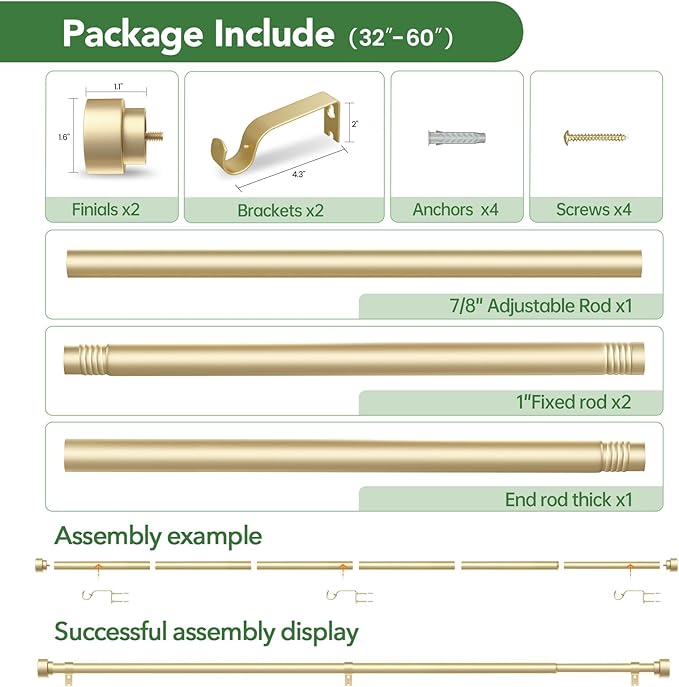 Time Forest Curtain Rods for Windows 28 to 48, 1 Inch Adjustable Gold Heavy - Image 6