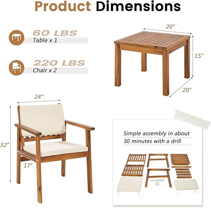 Flamaker Patio Chairs 3 Piece Acacia Wood Patio Furniture - Image 5
