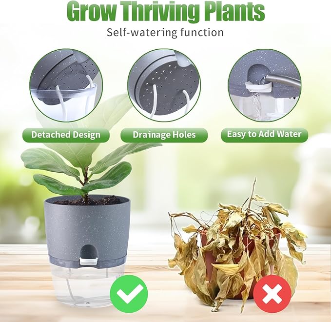 6 Inch Self Watering Pots for Indoor Plants, 6 Pack Grey Plastic Flower Pots - Image 4