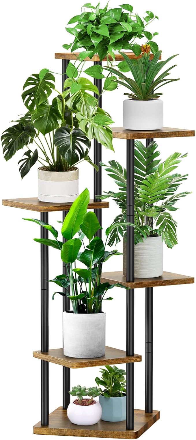 6 Tier Wood Tall Plant Stand Metal Rack Indoor, Planter Shelf Display Rack by YOCOMEY