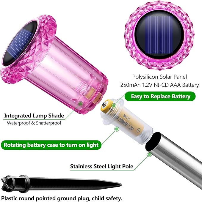 DenicMic Solar Lights Outdoor 10 Pack Waterproof Pink LED Stainless Steel Stake - Image 2
