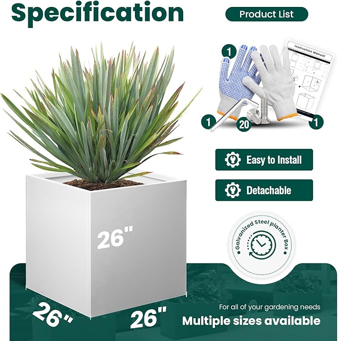White Steel Planter Square Outdoor Planters Galvanized Steel Planter Box 26 - Image 2