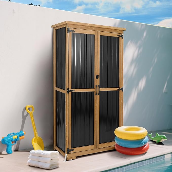 PetsCosset Outdoor Storage Cabinet, Wood & Metal Storage Shed - Image 8