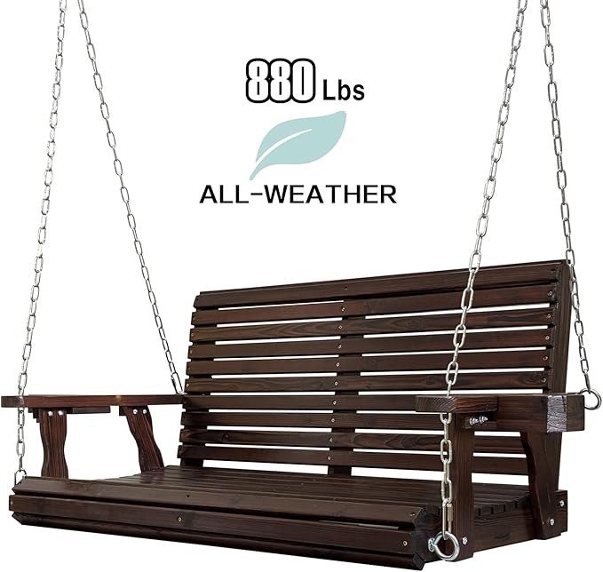 Wooden Porch Swing 2-Seater, High Backrest and Deep Seat, Bench Swing - Image 3