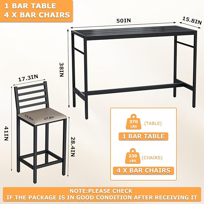 5 Piece Outdoor Patio Bar Set, 54.7" Rectangular Counter Height High Top Bar - Image 3