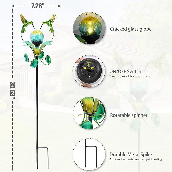 Solar Lights Outdoor Metal Garden Stake Waterproof Crackle Glass Globe Garden - Image 4