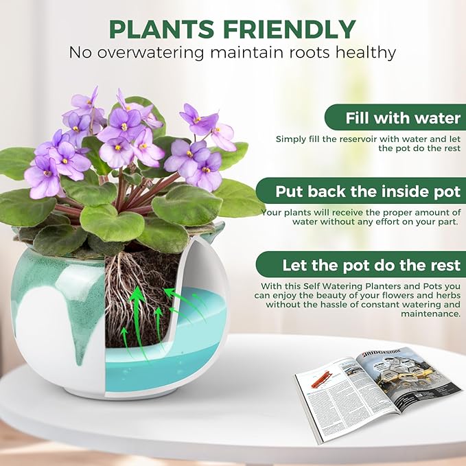 African Violet Pots, 6 inch Ceramic Easy Self Watering Plant Pot - Image 2