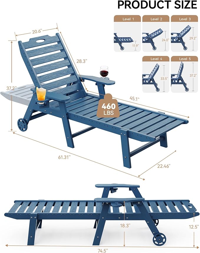 Carauci Lounge Chair Outdoor Set of 2, HDPE Chaise Lounge - Image 3