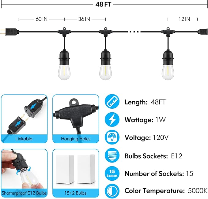 Lakumu 48FT LED Outdoor String Lights - Image 6