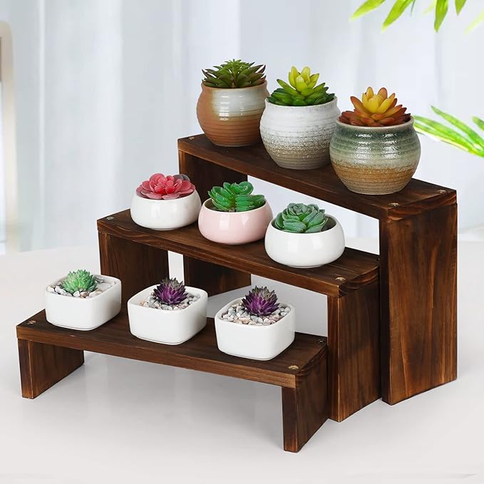 Desk Plant Stand Windowsill Plant Shelf 3 Tiers Wooden Tabletop Plant Shelves by COOGOU