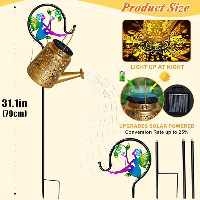 Solar Watering Can Lights Outdoor Garden Decor, Large Fairy Hanging Lantern - Image 7