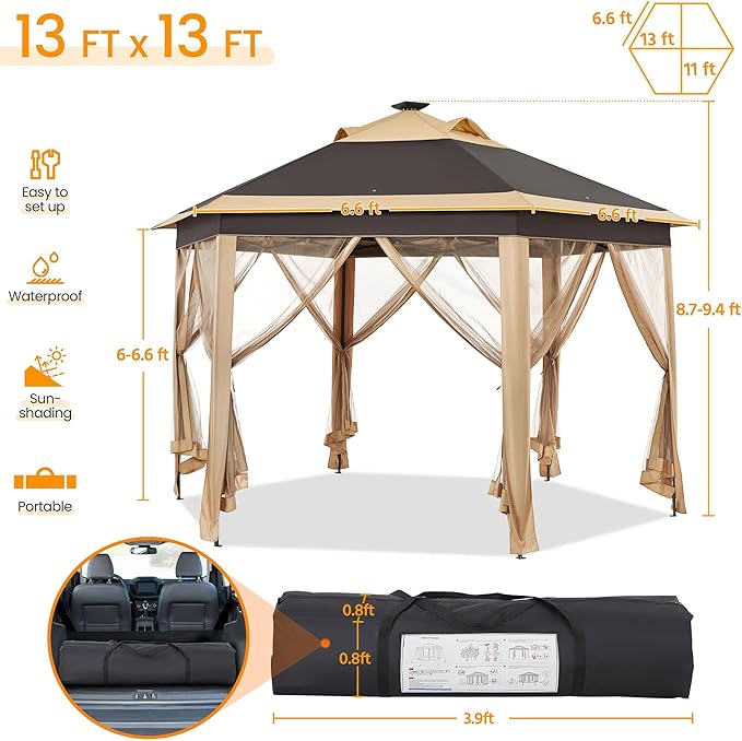 Yaheetech 13×13 Pop-Up Patio Gazebo Tent W/Mesh Netting Sides & 25 Solar LED - Image 4