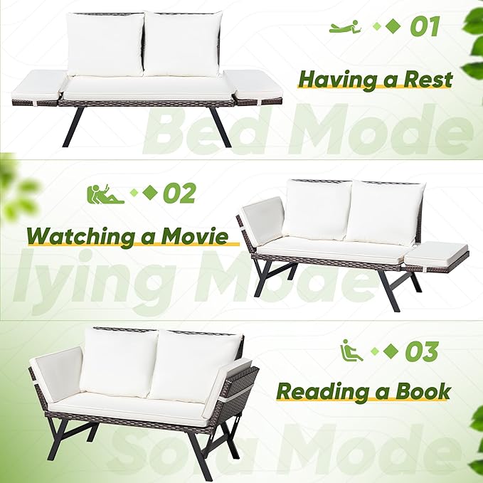 Greesum Outdoor Sofa, Woven Rattan Patio Furniture, Convertible Daybed or - Image 5