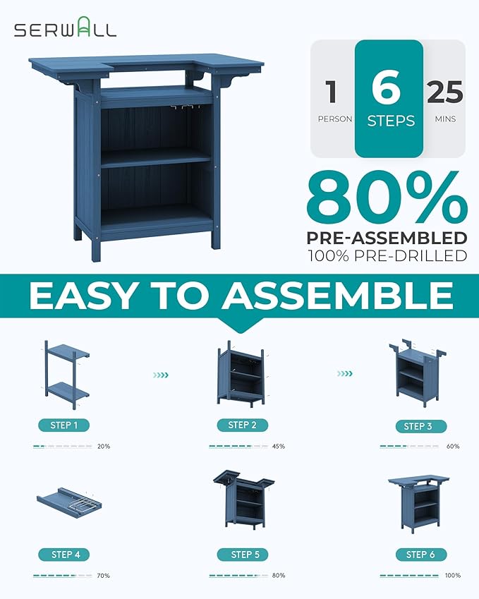SERWALL Outdoor Bar Table Set – HDPE Blue Patio Bar Cabinet - Image 7