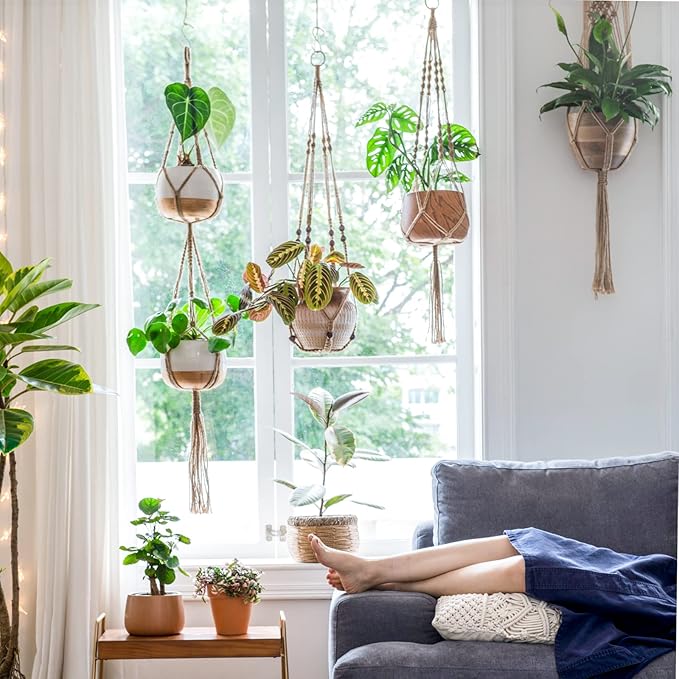 Mkono Macrame Plant Hangers Set of 4 Indoor Hanging Planter Basket Wall - Image 2