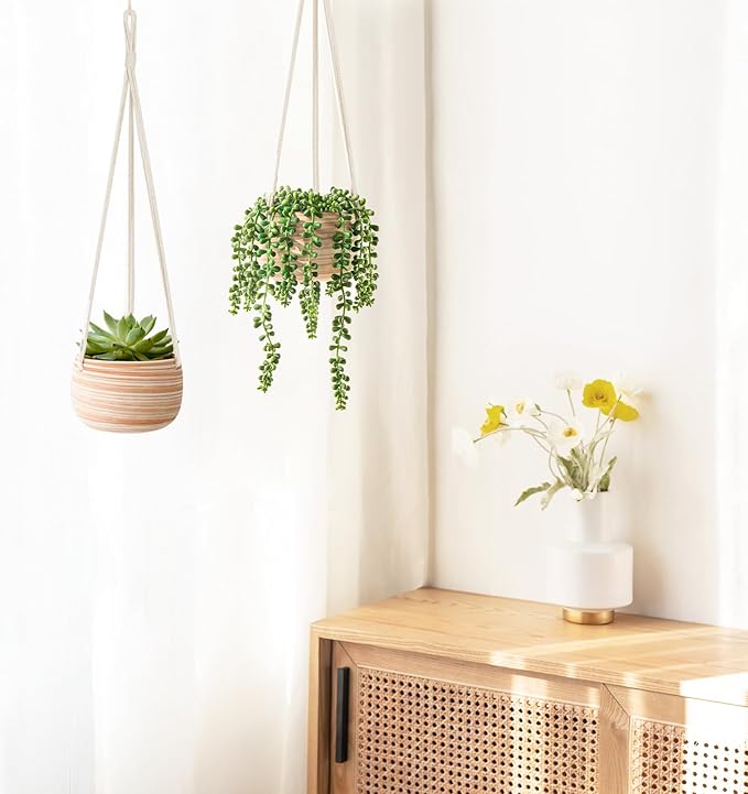 Mkono Ceramic Hanging Planter Macrame Plant Holder 5 Inch Cute Succulent Cactus - Image 4