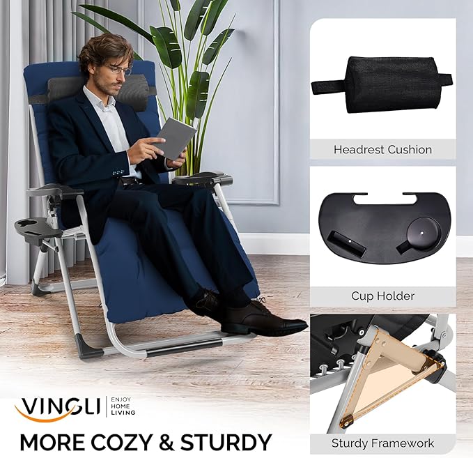 VINGLI 29" Padded Zero Gravity Chair, Lounge Chair - Image 4